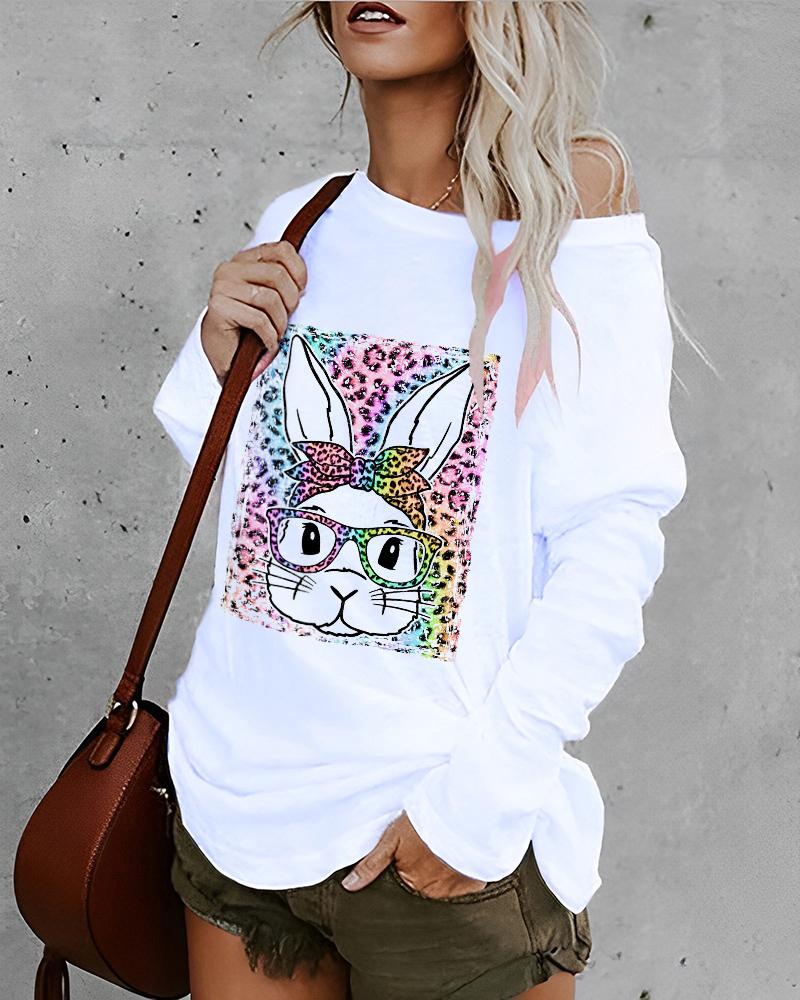 

Happy Easter Bunny Leopard Print Long Sleeve Top, White