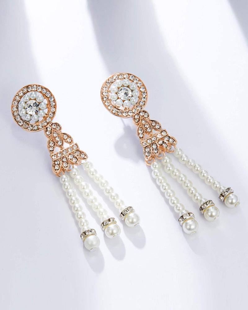 

1Pair Rhinestone Pearls Decor Tassel Dangle Earrings 1920s Luxury Jewelry Flapper Girl Great Gatsby Costume Accessories, Gold