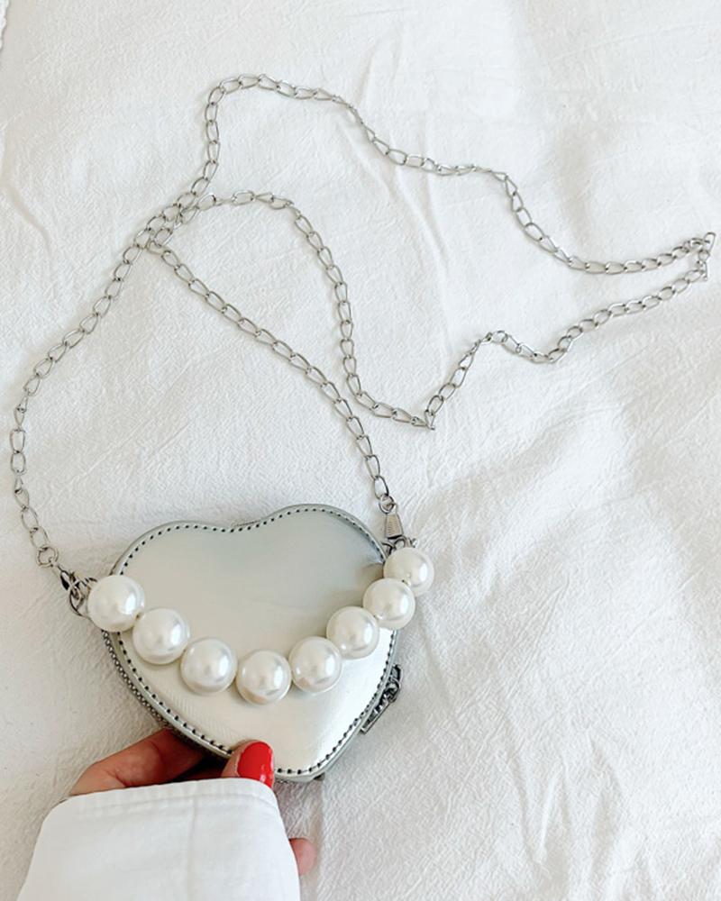 

Pearls Beaded Heart-shaped Chain Strap Crossbody Bag, Silver