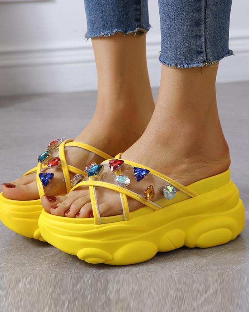 

Round-toe Cross Strap PVC Splicing Multicolor Rhinestone Platform Slippers, Yellow