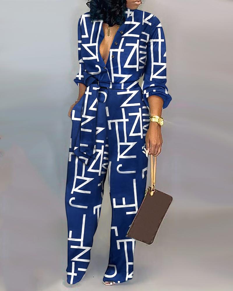 

Letter Print Button Front Belted Jumpsuit, Blue