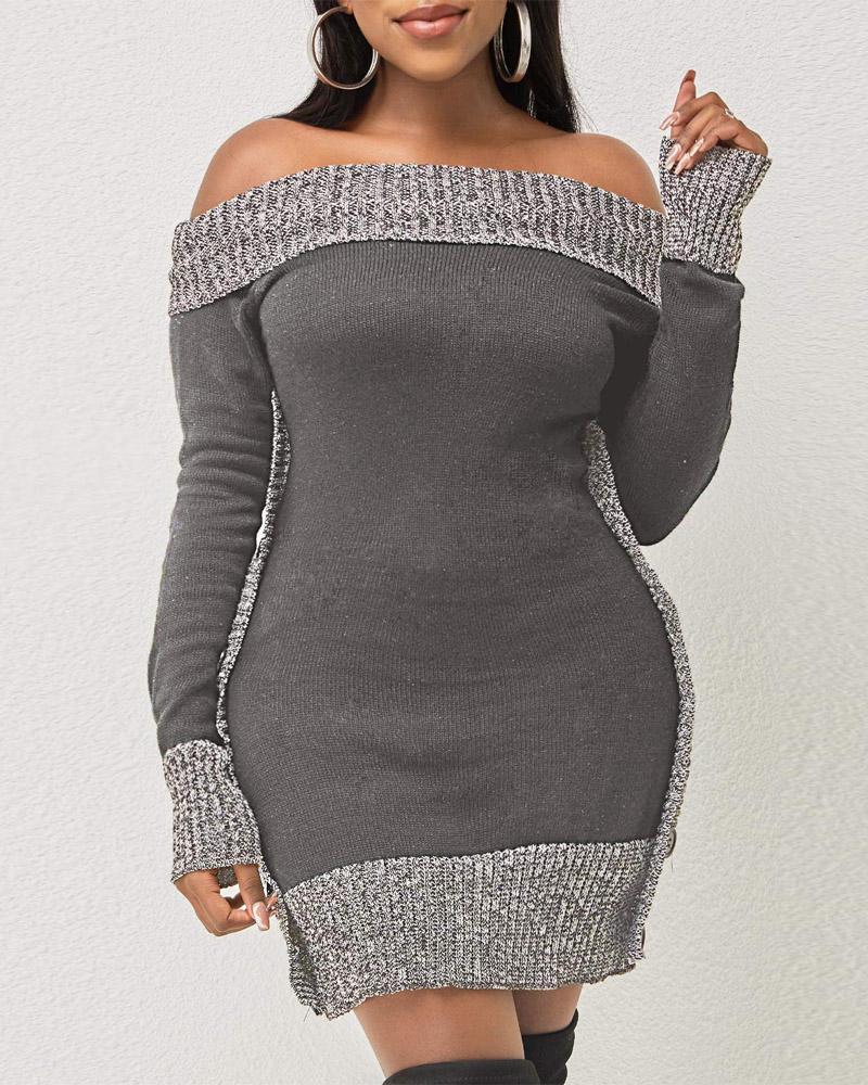 

Colorblock Off Shoulder Button Decor Sweater, Gray