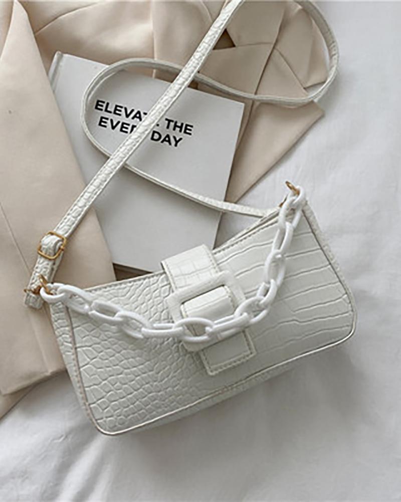 

Chain Strap Croc Embossed Baguette Bag, White