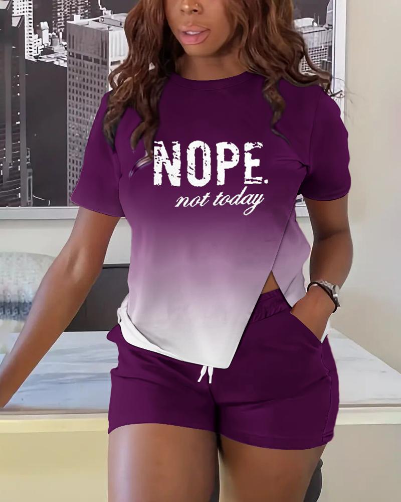 

Ombre Nope Not Today Print Slit Top & Drawstring Shorts Set, Purple