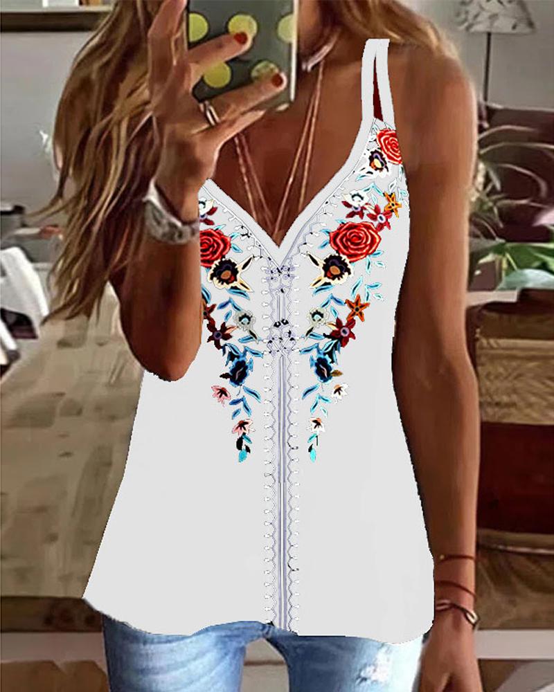 

Floral Tribal Print Casual Cami Top, White