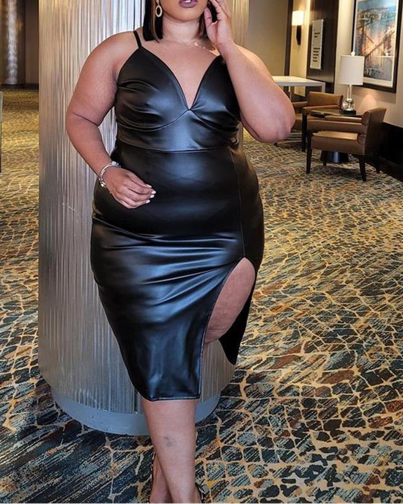 Plus Size PU Leather Split Thigh Bodycon Dress