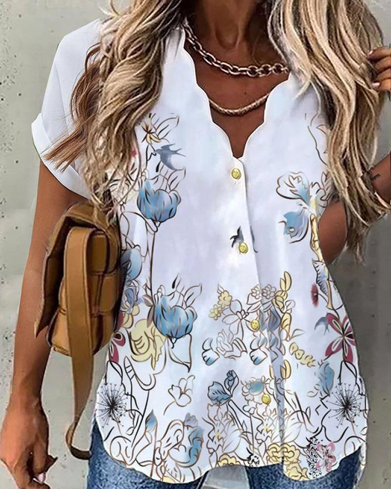 

Floral Print Buttoned Short Sleeve Top, White