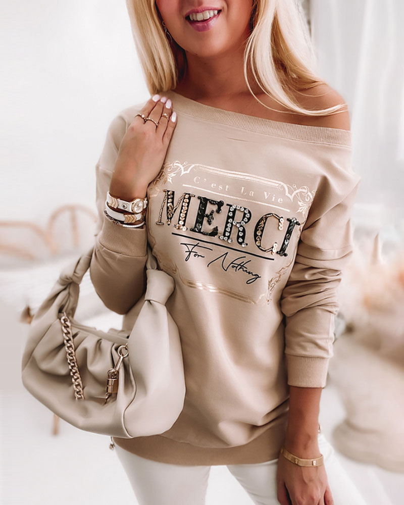 

Long Sleeve Letter Print Sequins Bronzing Sweatshirt, Apricot