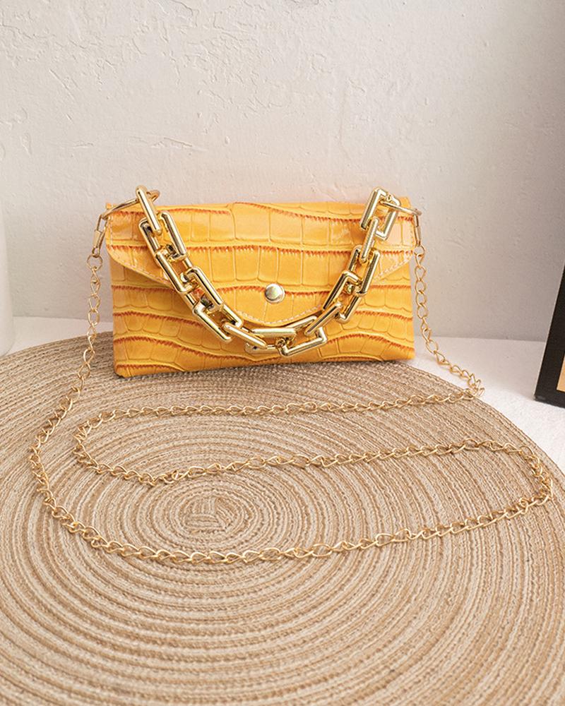 

Embossed Chain Strap Flap Shoulder Bag With Handle, Yellow