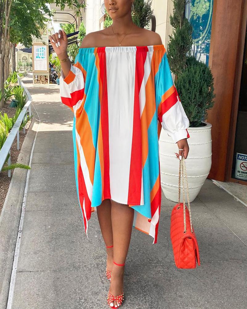 

Off Shoulder Colorblock Striped Long Sleeve Loose Midi Dress, Multicolor