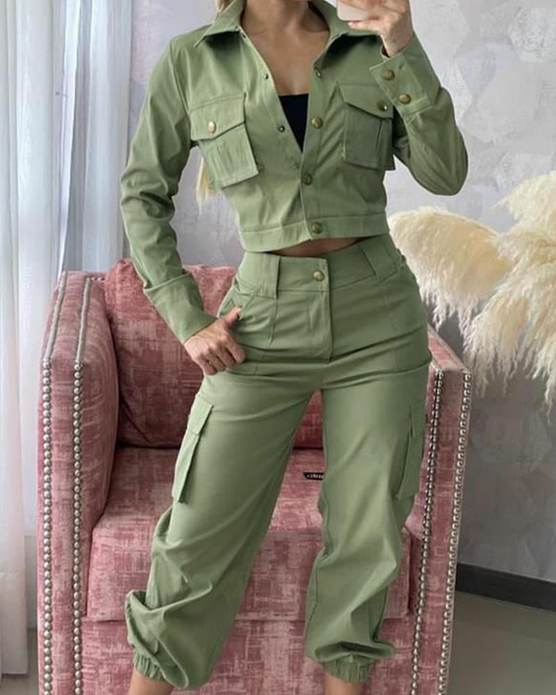 

Long Sleeve Button Front Crop Coat & Pocket Cargo Pants Set, Green