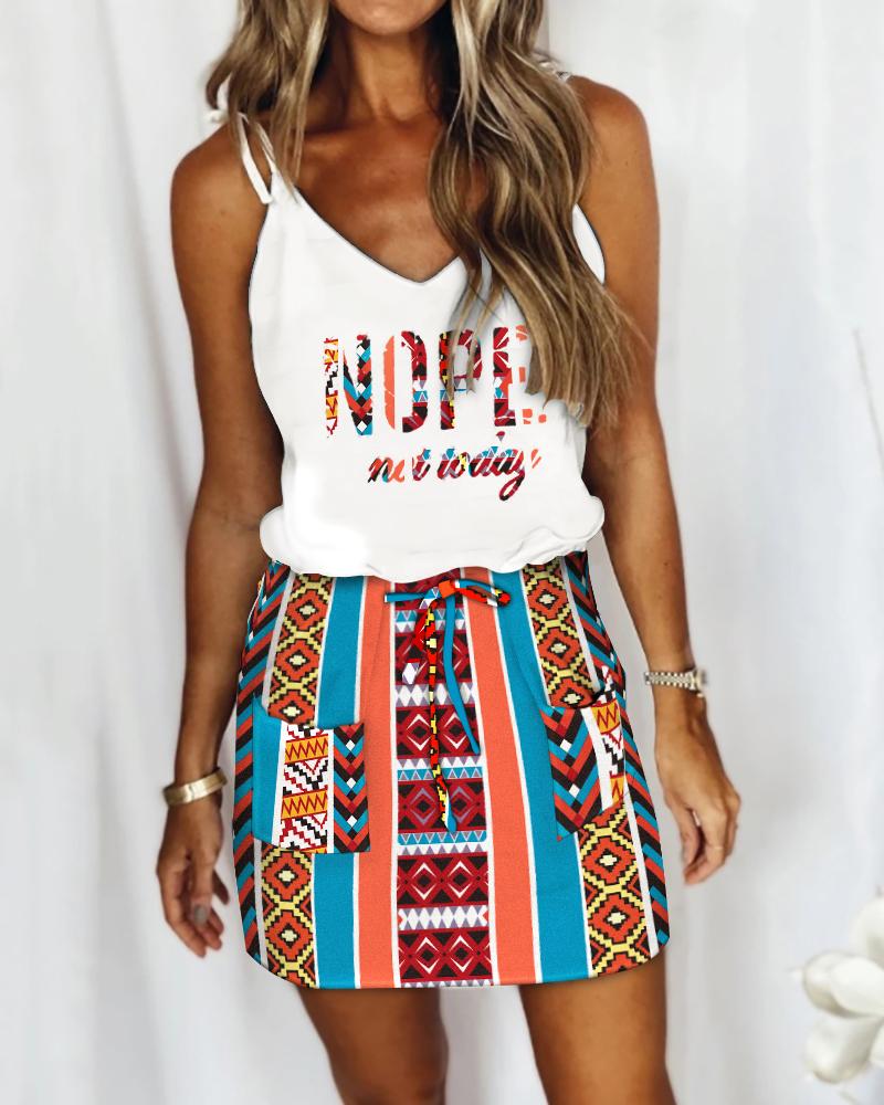

Tribal Letter Print Tied Detail Drawstring Casual Dress, Multicolor