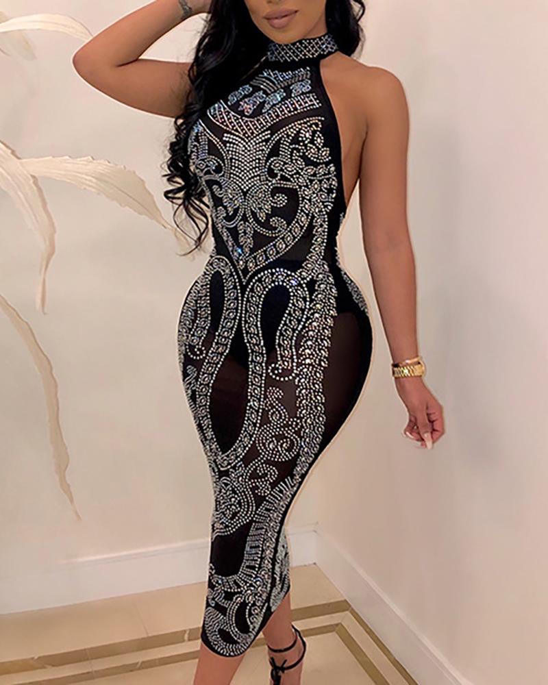 

Open Back Hot Drilling Bodycon Dress, Black