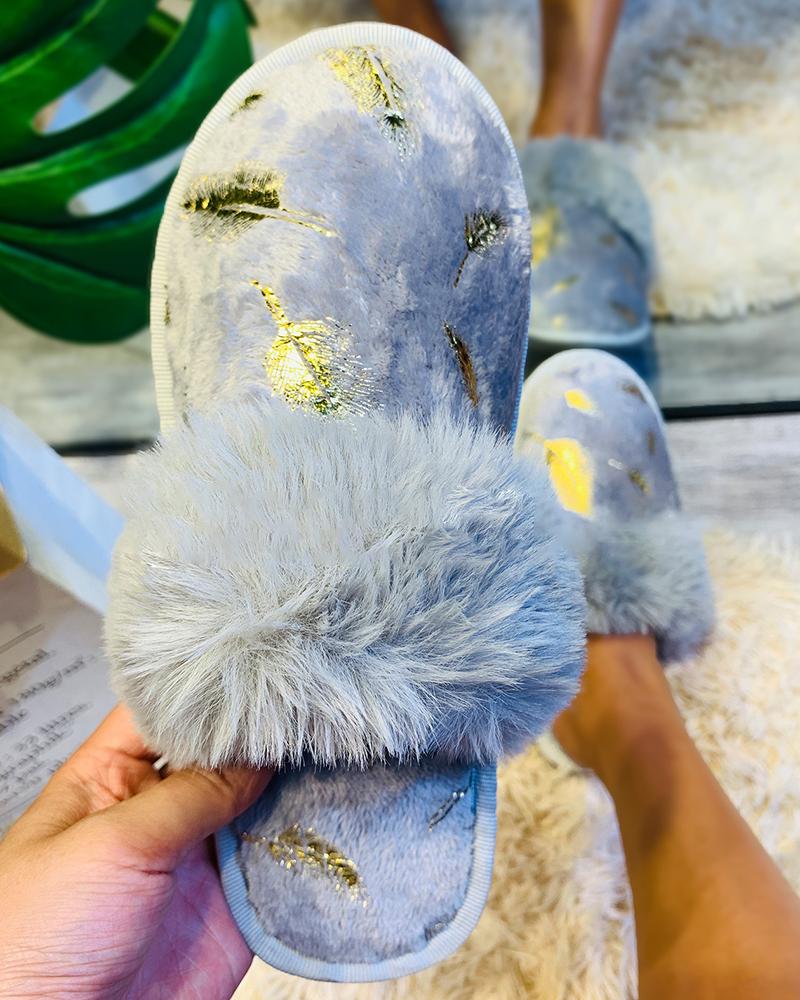 

Feather Embroidery Fuzzy Trim Winter Lined Slippers, Gray