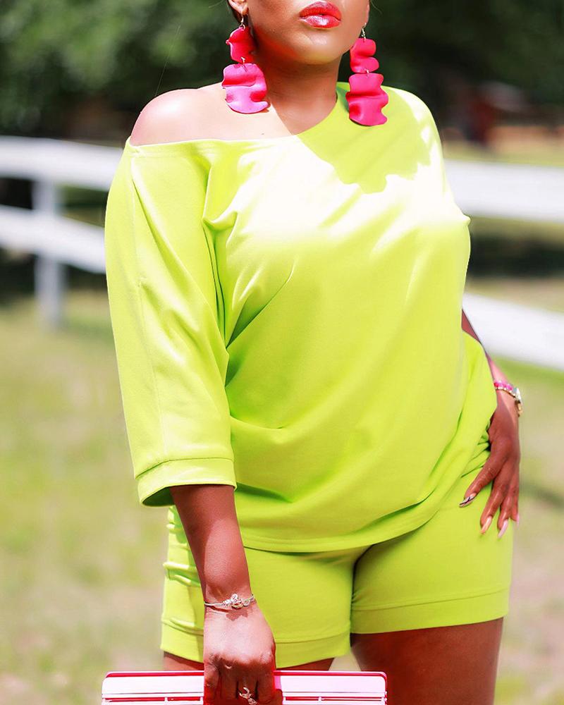 

Plain Casual Top & Shorts Set, Green