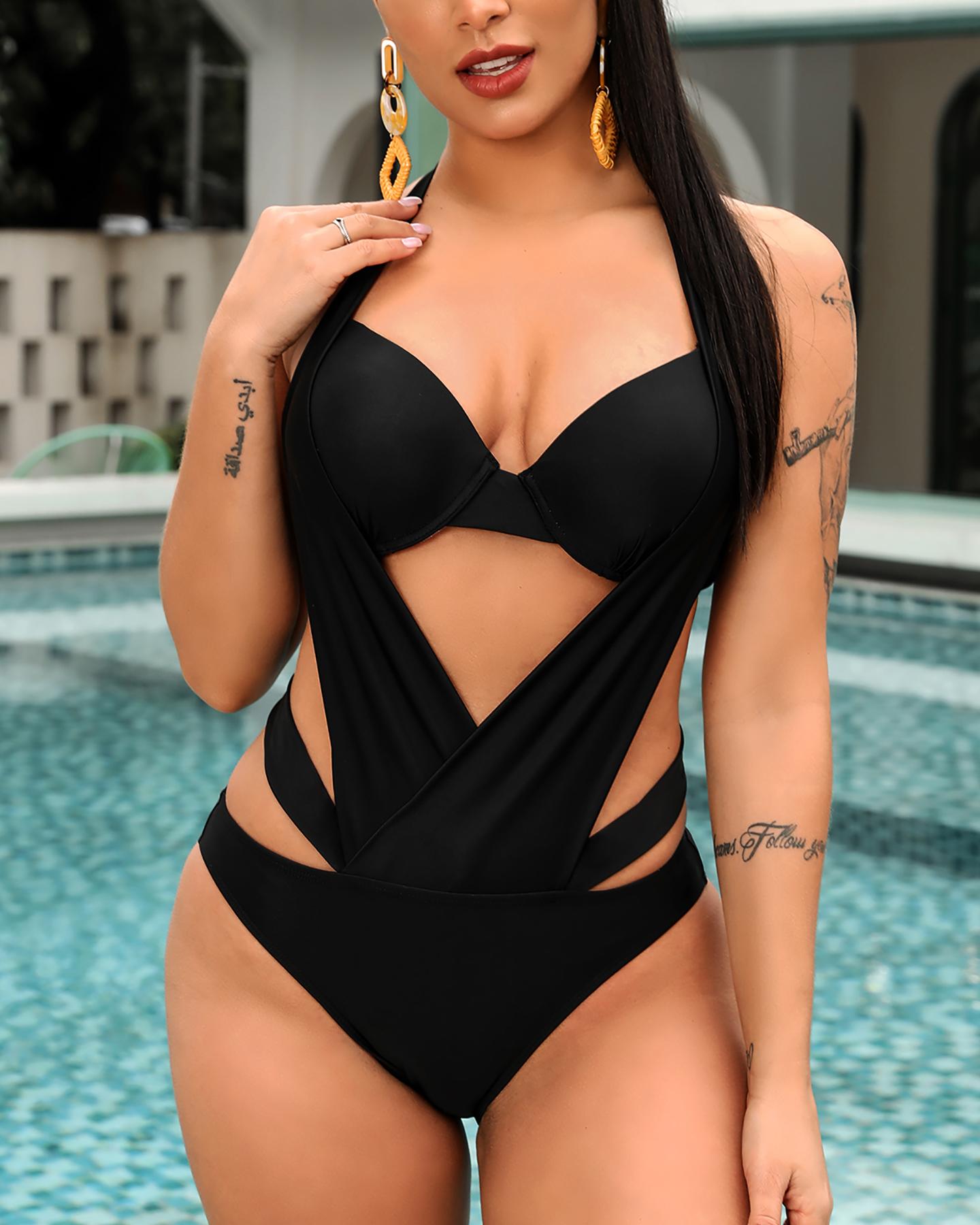 

Halter Cutout Backless One Piece Swimsuit, Black