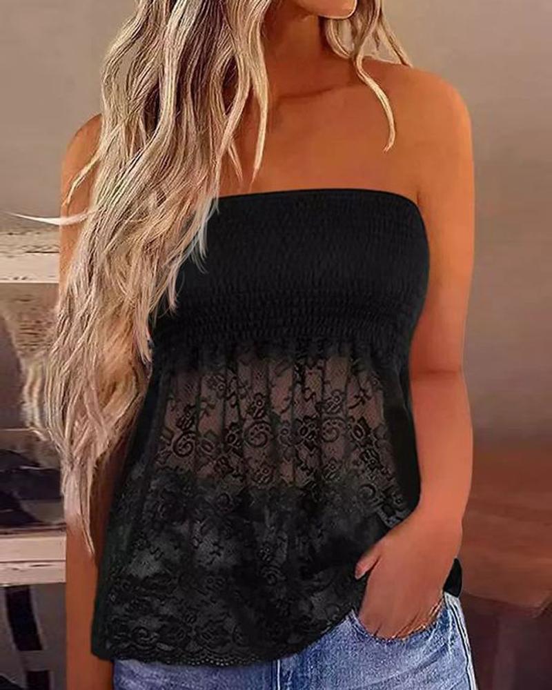 

Shirred Bandeau Crochet Lace Tank Top, Black