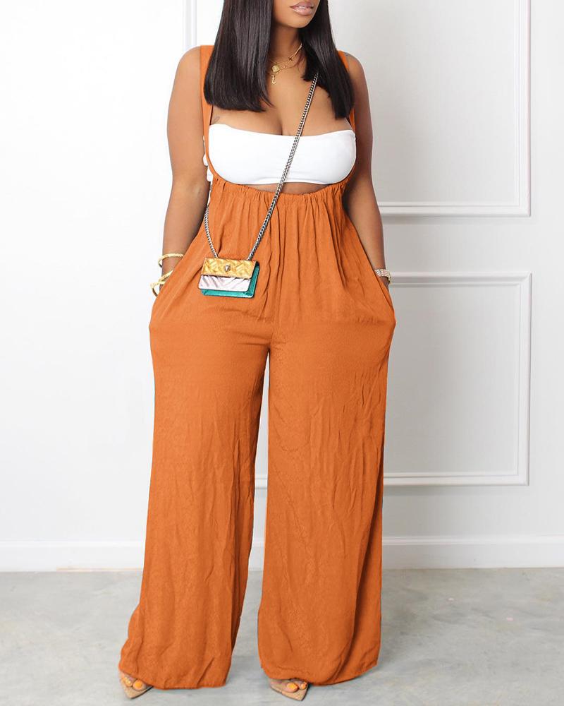 

Pocket Design Wide Leg Suspender Jumpsuit, Orange