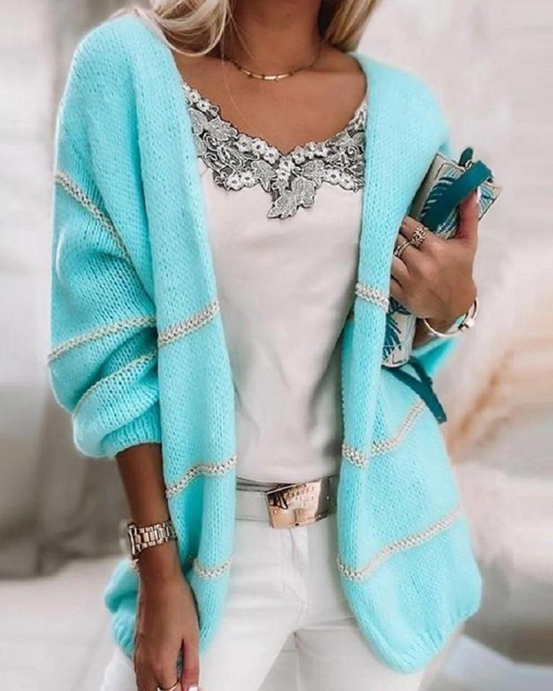 

Contrast Paneled Long Sleeve Cardigan, Blue