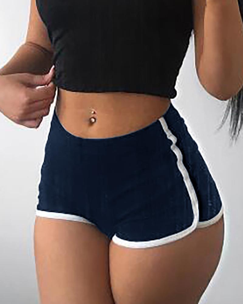 

High Waist Contrast Binding Sporty Shorts, Dark blue