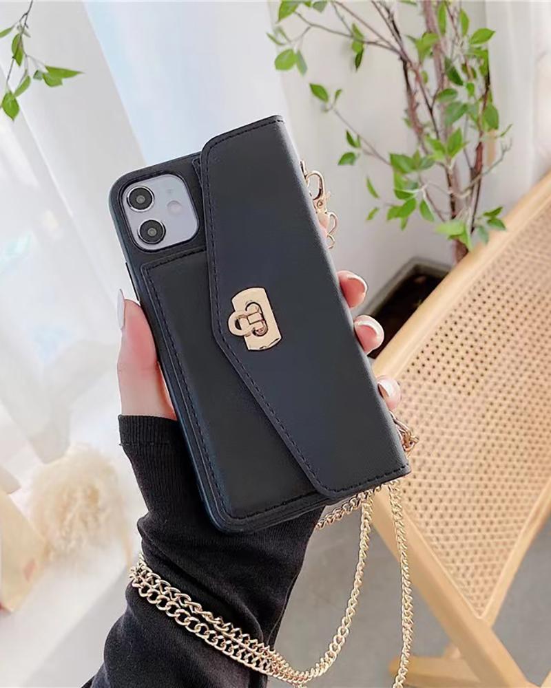 

PU Leather Card Holder iPhone Case With Chain, Black
