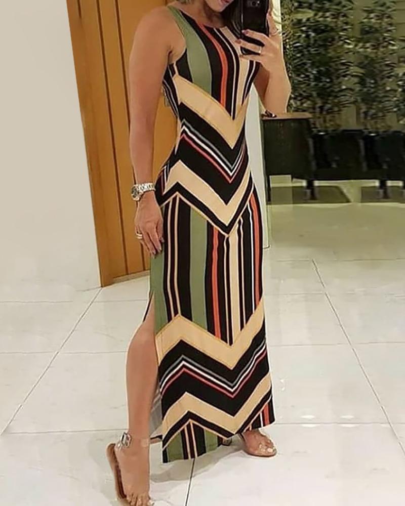 

Colorful Striped Print Side Slit Maxi Dress, Multicolor