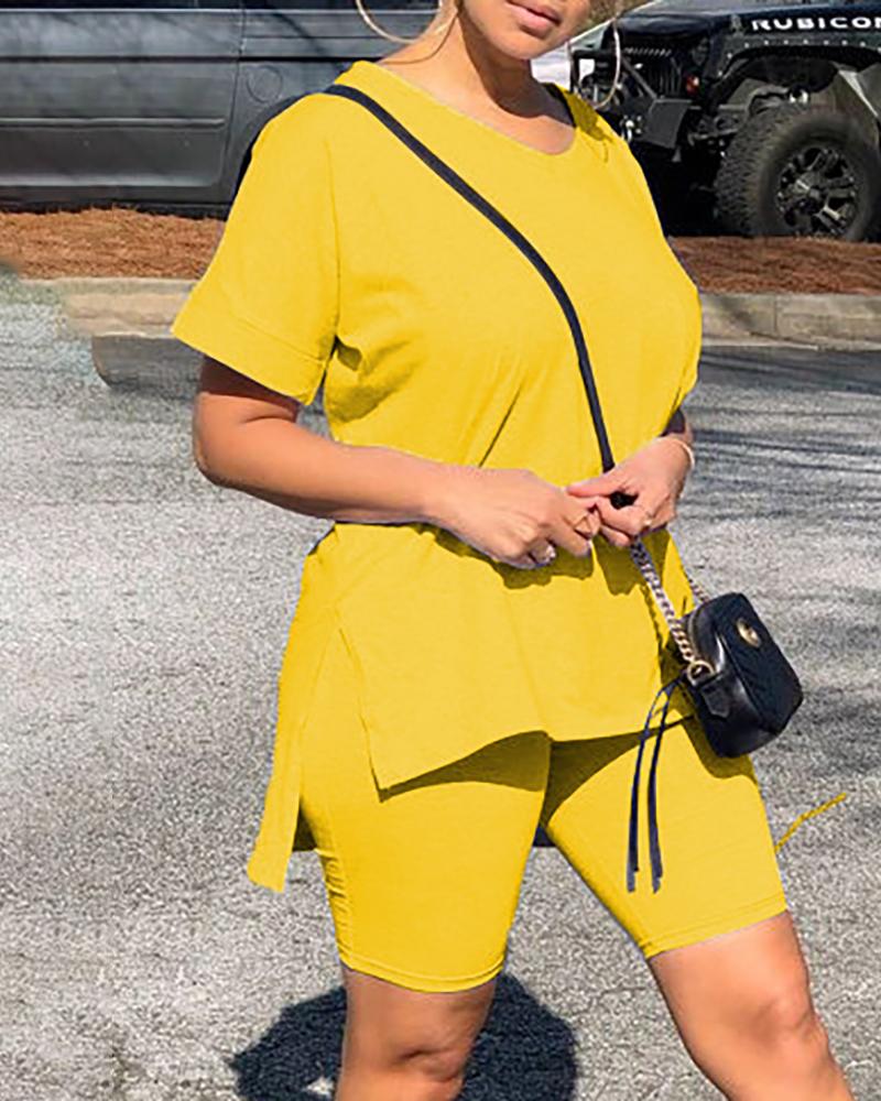 

Solid Short Sleeve V-neck Top & Shorts Set, Yellow