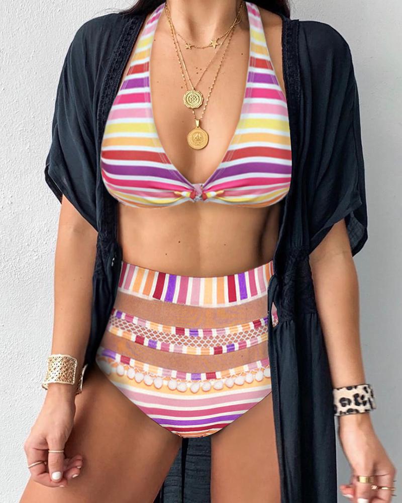

Striped / Flag / Palm Leaf / Star Print Tassel Pom Pom Padded Bikini Set, Multicolor