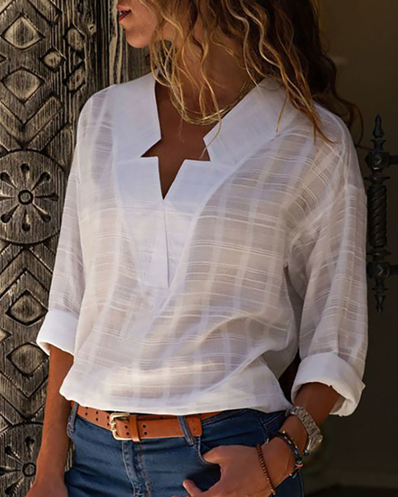 

V-Neck Long Sleeve Casual Shirt, White