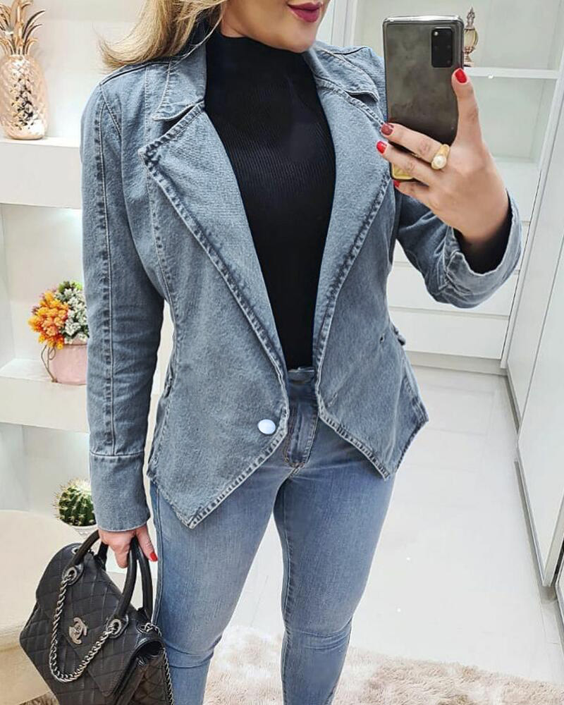 

Single Button Long Sleeve Denim Blazer Coat, Blue