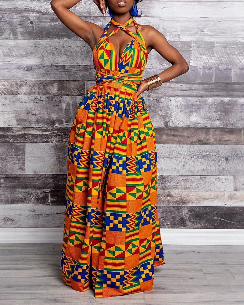 

Print Crisscross Halter High Slit Maxi Dress, Orange