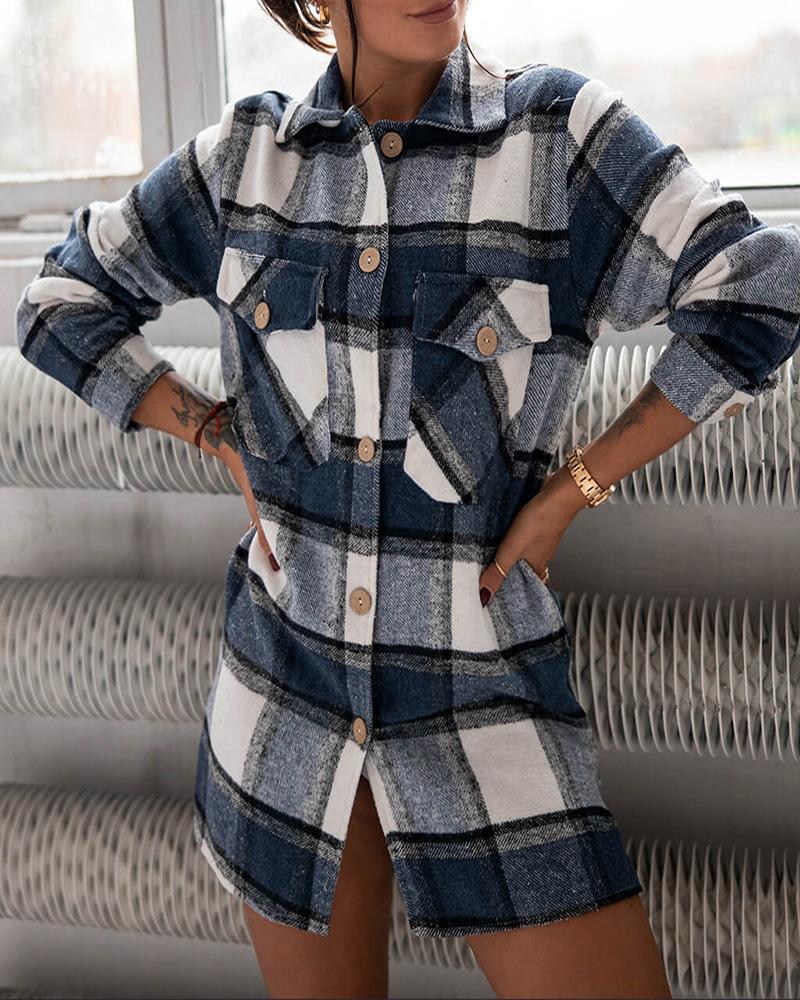 

Plaid Print Buttoned Pocket Design Shacket, Blue