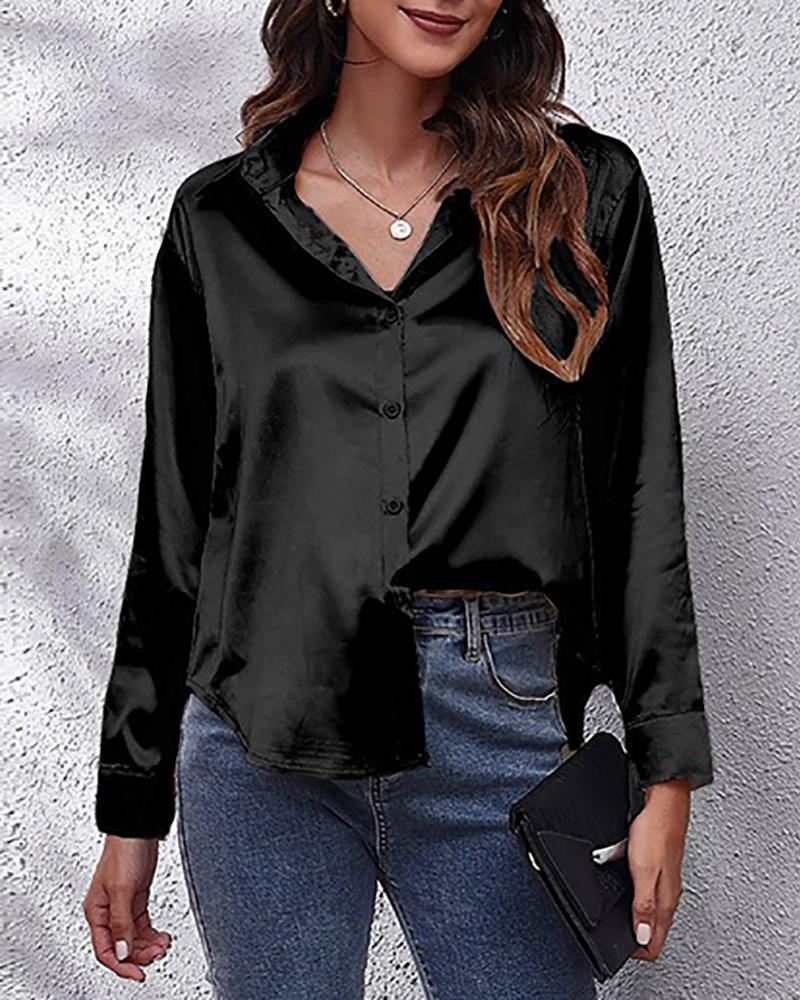 

Satin Long Sleeve Buttoned Shirt, Black