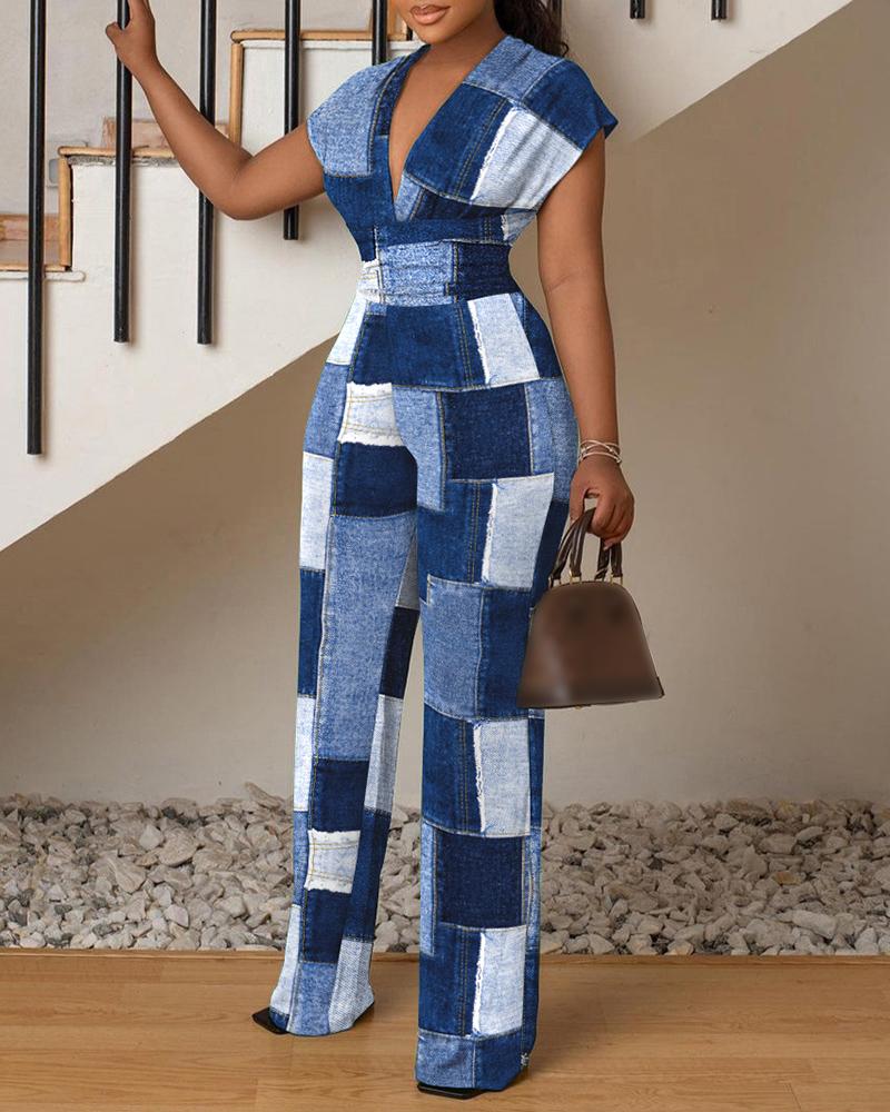 Denim Look Print Plunge Cap Sleeve Jumpsuit