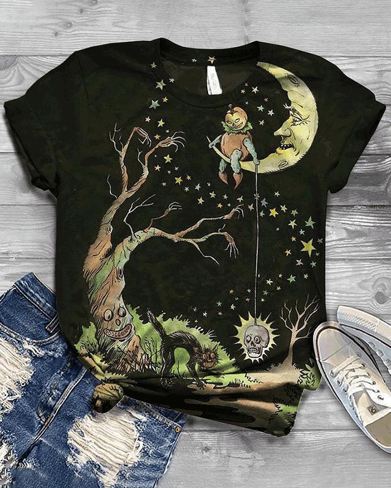 

Halloween Graphic Skull Print Short Sleeve Top, Black