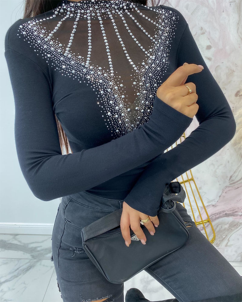 

Rhinestone Contrast Mesh Long Sleeve Top, Black