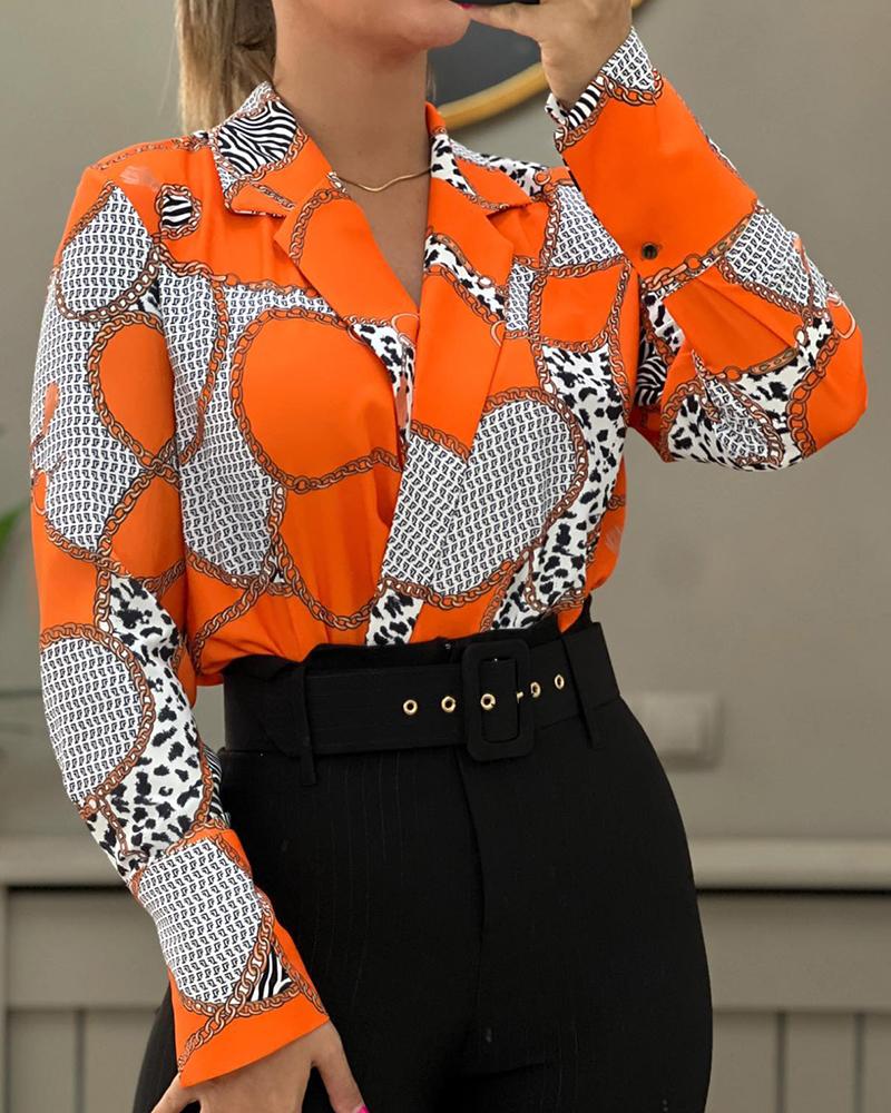 

Chian Animal Print Colorblock Notched Collar Overlap Top, Orange