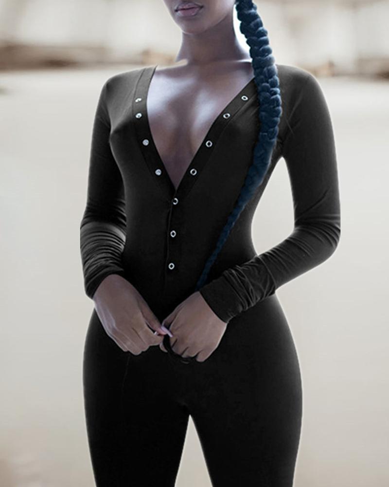 

Button Design Long Sleeve Letter Embroidery Functional Onesie, Black