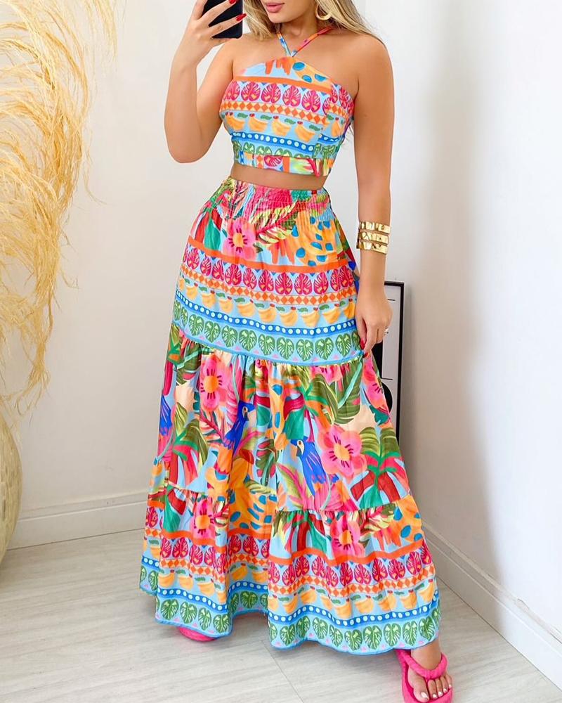 

Conjunto de top frente única e saia maxi com estampa tropical, Pink