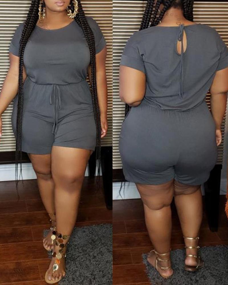 

Plus Size Short Sleeve Tied Detail Romper, Dark grey