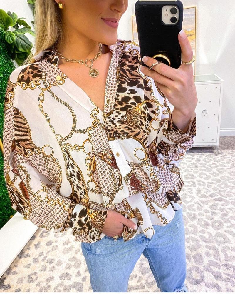 

Chain Leopard Print Long Sleeve Buttoned Shirt, Style1