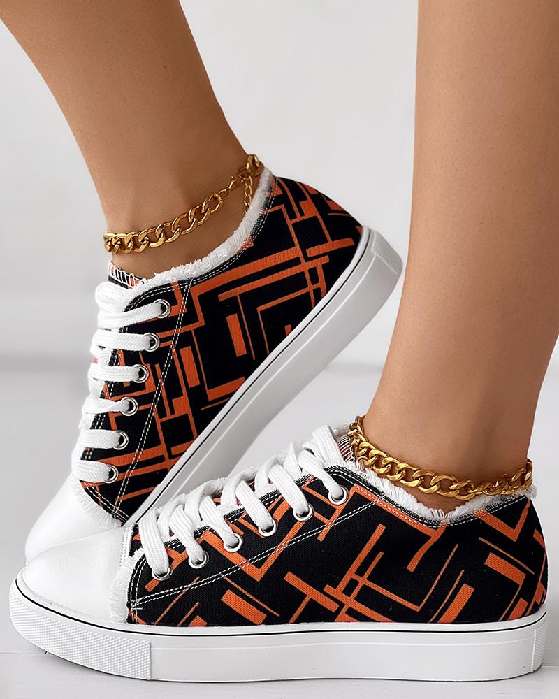 

Geometric Print Raw Hem Canvas Sneakers, Black&orange