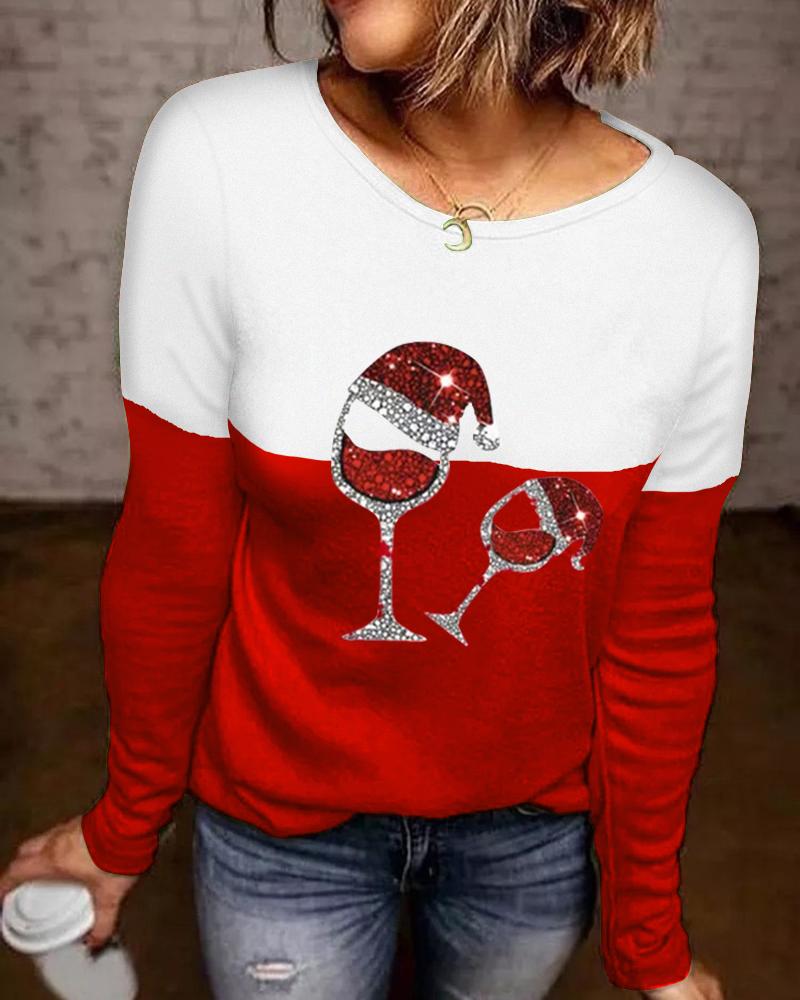 

Christmas Wine Glass Print Colorblock Long Sleeve Top, Red