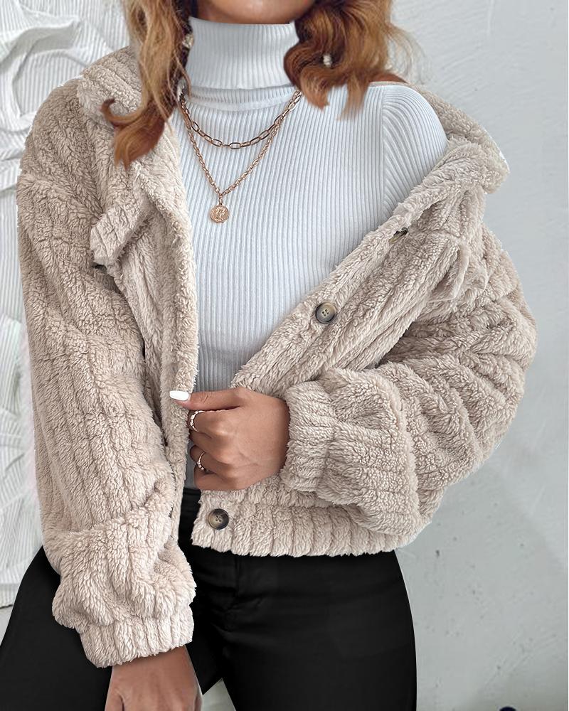 

Buttoned Long Sleeve Fuzzy Coat, Apricot