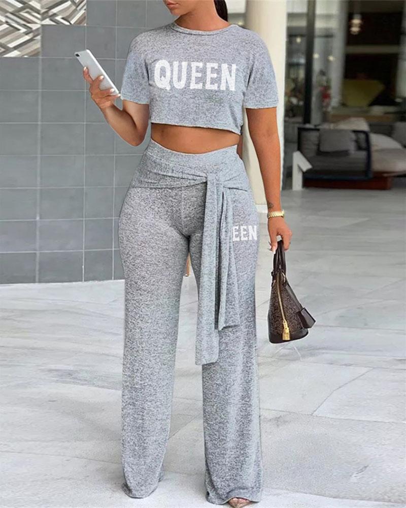 

Rhinestone Letter Pattern Crop Top & Tied Detail Pants Set, Gray