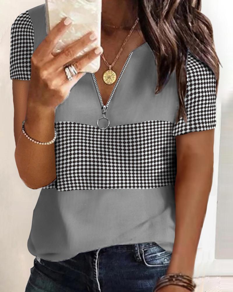 

Women' Zipper Design Polkadot Print Colorblock T-shirt, Gray