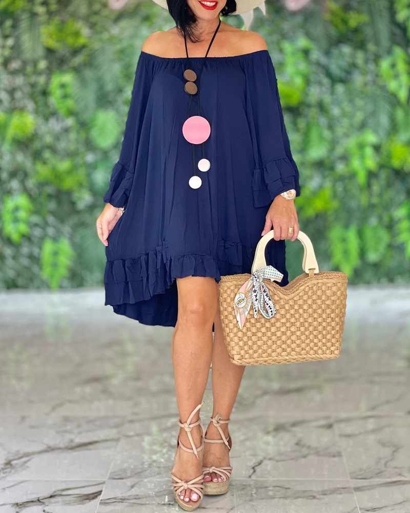 

Off Shoulder Ruffles Long Sleeve Casual Dress, Purplish blue