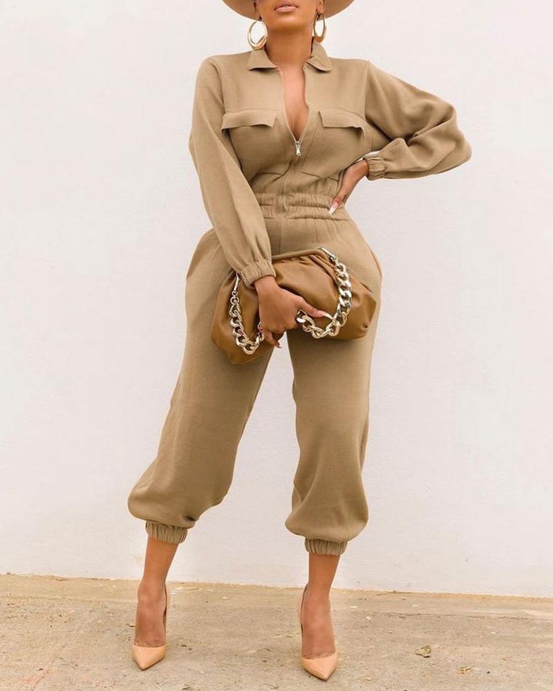

Zipper Pocket Design Long Sleeve Casual Jumpsuit, Khaki