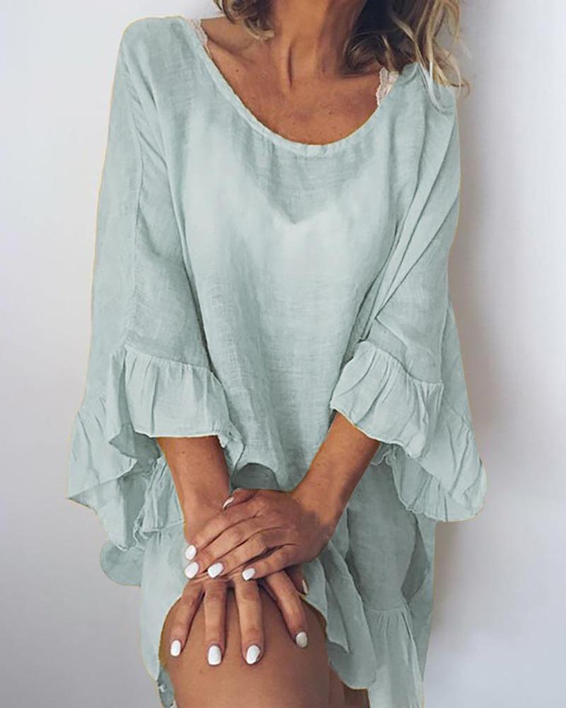 

Cotton and Linen Stitching Ruffled Dress, Gray