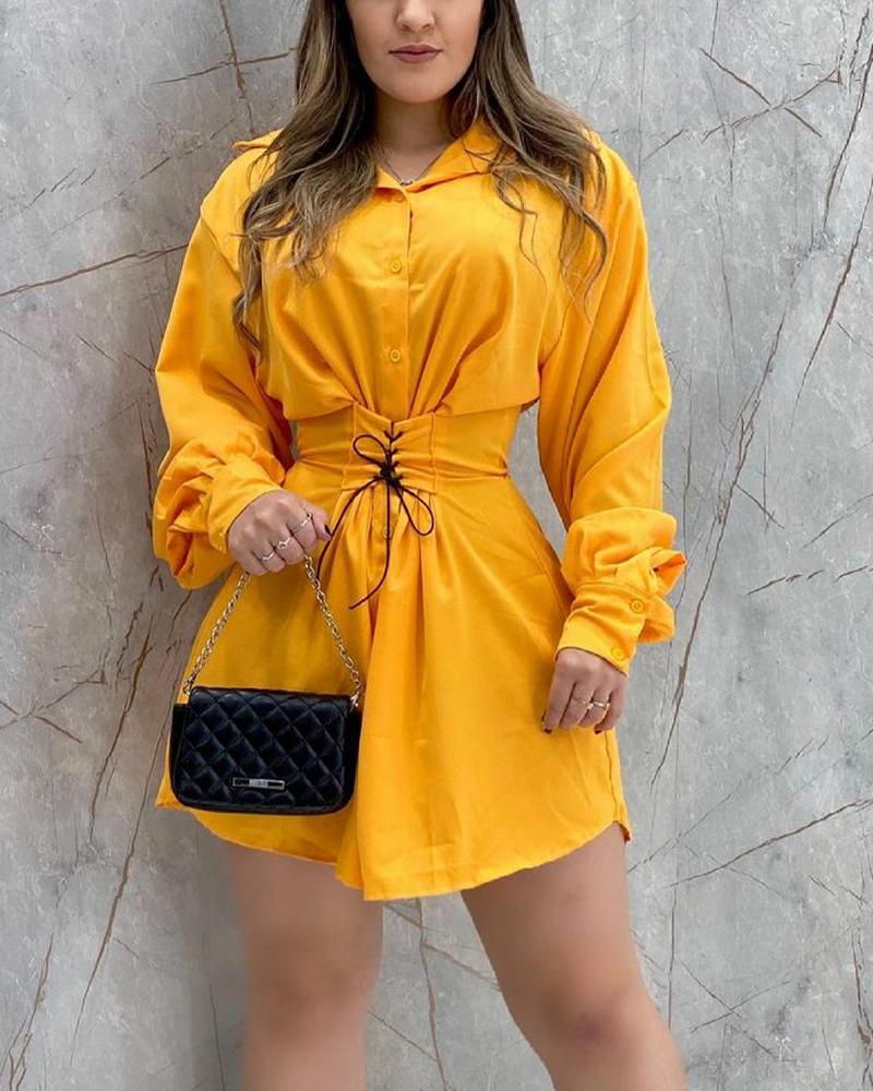 

Lace-Up Button Front Lantern Sleeve Shirt Dress, Yellow